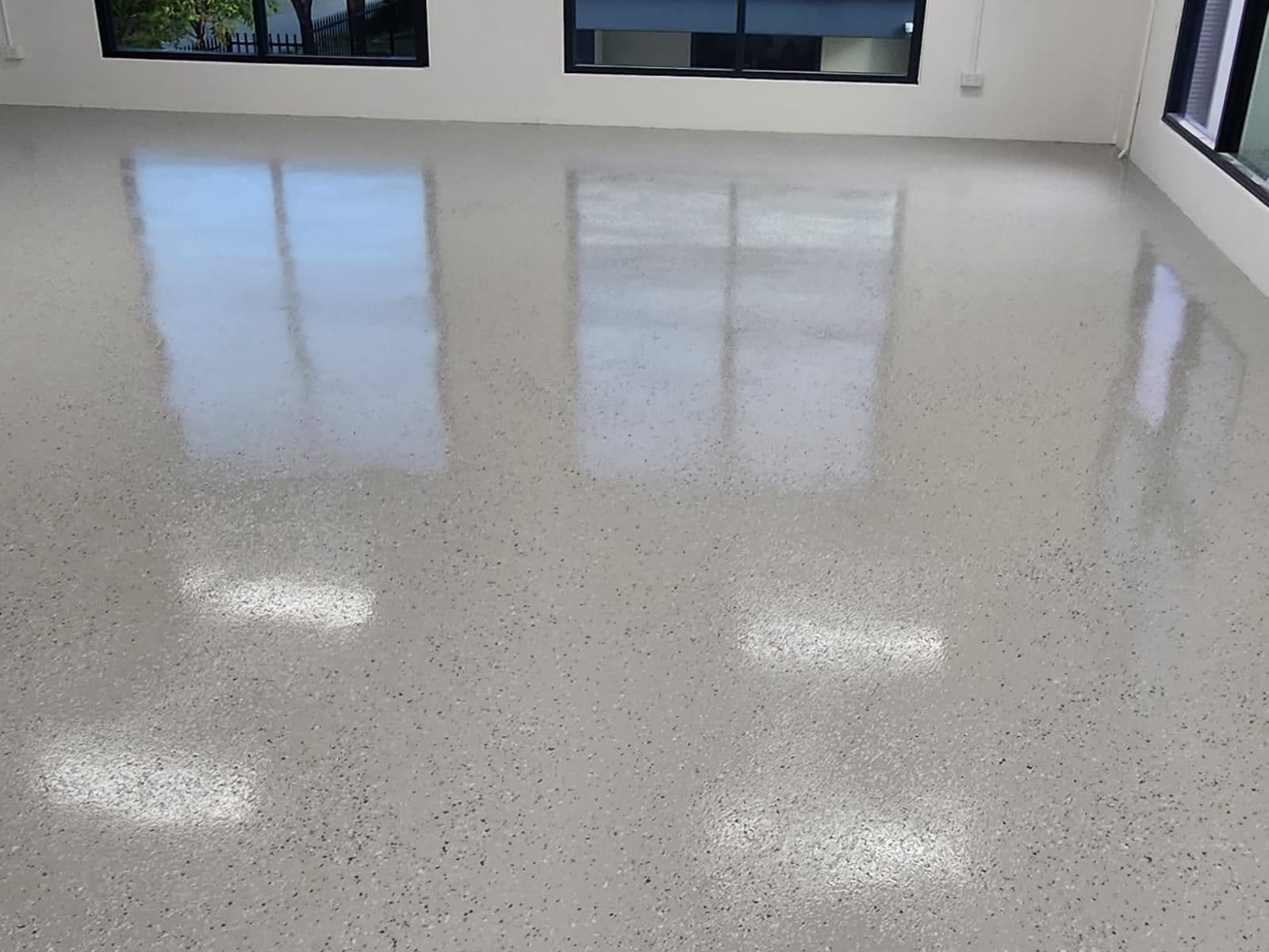 Flake epoxy floor in bright natural light